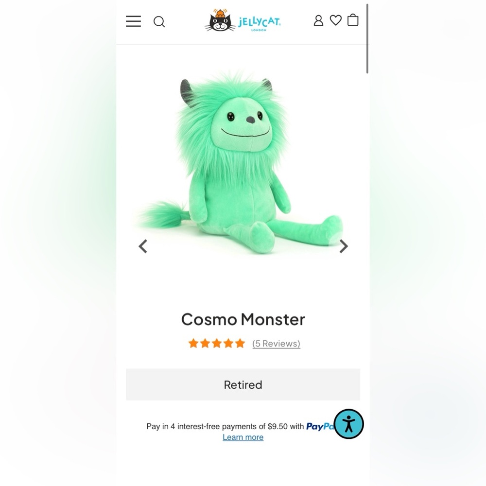 BNWT Jellycat Cosmo Monster Plush - Bright Green
